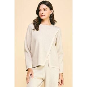 Pinch Front Slit Pullover Sweater in Oatmeal L